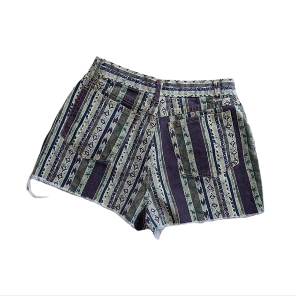 VTG Green and Purple Denim Raw Hem Stripe and Aztec High Rise Shorts - Picture 3 of 5